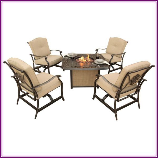 Hanover Traditions 5pc Fire Pit Set: 4 Cush. Rockers; 1 Gas Fire Pit w/lid from Beach Trading Co. (BeachCamera.com, BuyDig.com)
