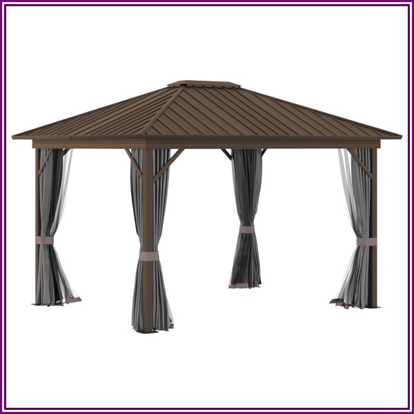 Outsunny 10x12 Hardtop Gazebo with Aluminum, Permanent Metal Roof Gazebo Canopy with Curtains & Netting for Garden, Patio, Backyard, Grey from Aosom.com