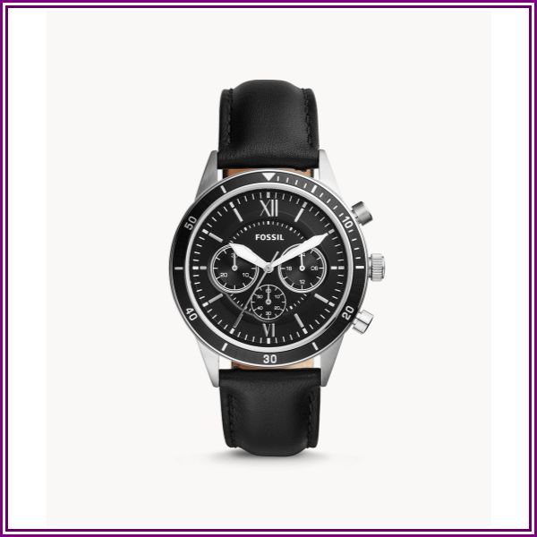 Flynn Sport Chronograph Black Leather Watch Jewelry from Fossil