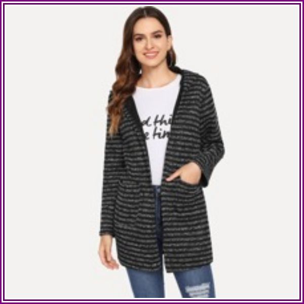 Hooded Double Pockets Tweed Coat from ROMWE