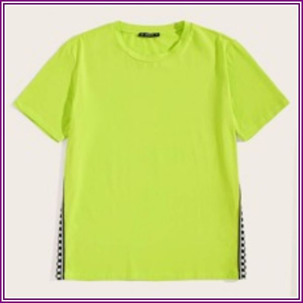 Men Checked Tape Side Neon Lime Tee from SHEIN