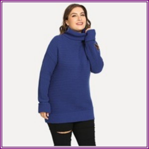 Plus Rolled Neck And Sleeve Solid Sweater from ROMWE
