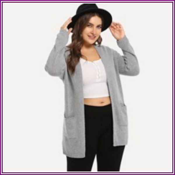 Plus Pocket Patched Open Front Cardigan from ROMWE