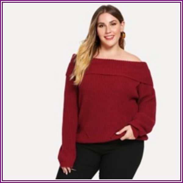 Plus Foldover Front Off Shoulder Sweater from ROMWE