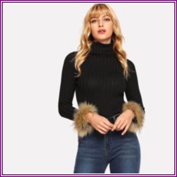 Contrast Faux Fur Ribbed Sweater from SHEIN
