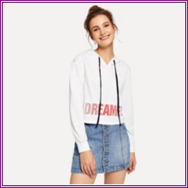 Drawstring Letter Print Crop Hoodie from ROMWE