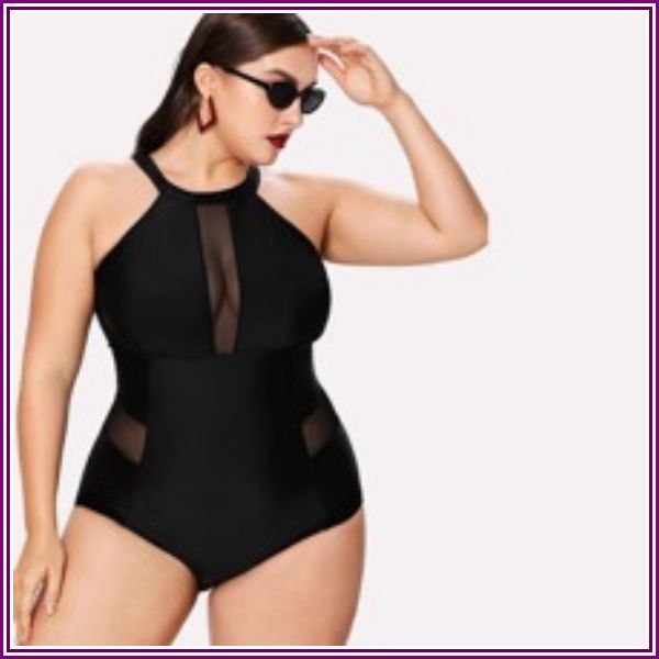 Plus Mesh Panel High Neck One Piece Swimsuit from ROMWE