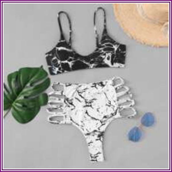 Marble Print Top With Ladder Cut-Out Bikini from ROMWE