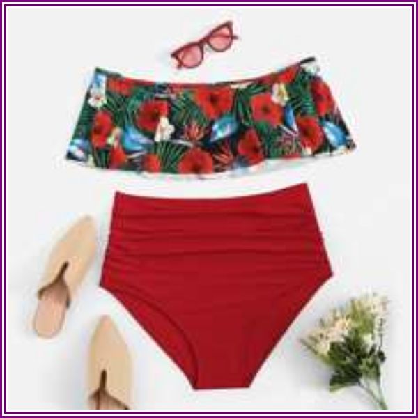 Plus Floral Flounce Top With High Waist Bikini from ROMWE