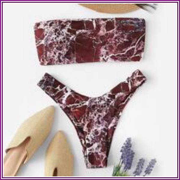 Marble Print Bandeau With High Cut Bikini Set from ROMWE