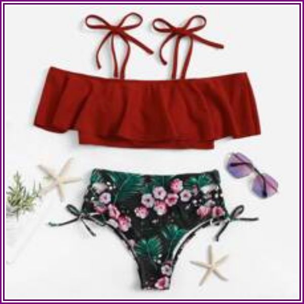 Flounce Top With Floral Tie Side Bikini Set from ROMWE