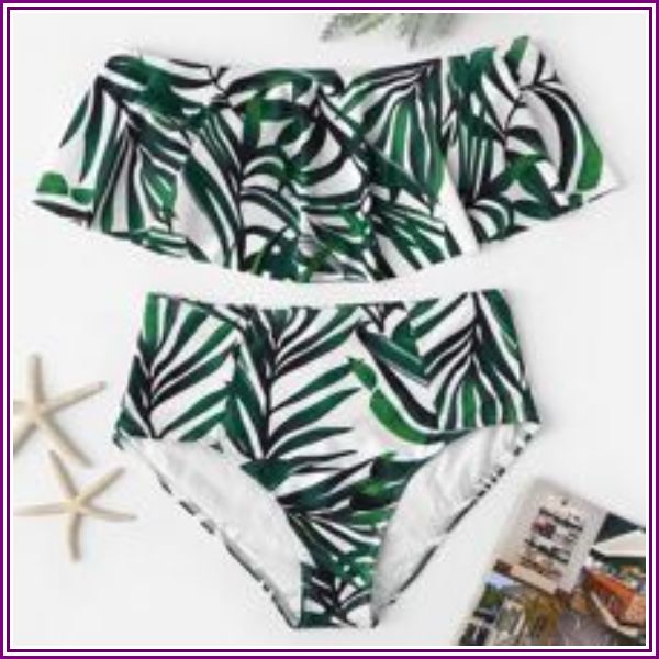 Tropical Flounce Bardot Top With High Waist Bikini Set from SHEIN