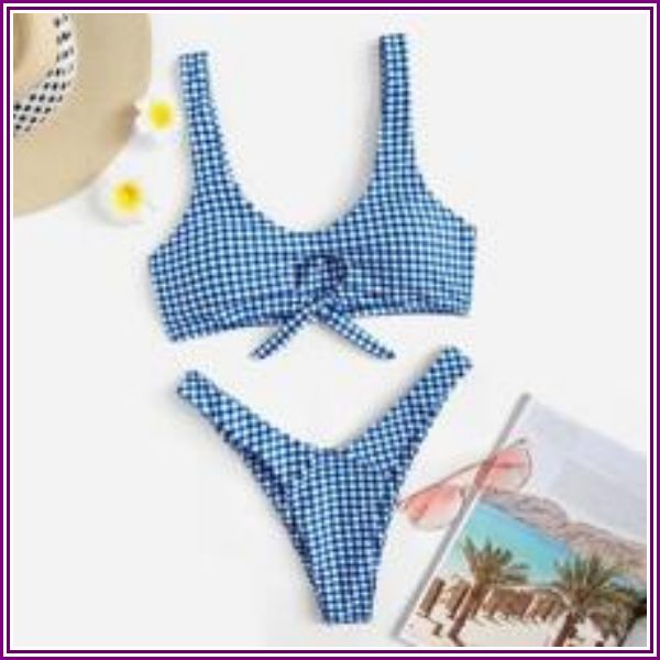 Gingham Knot Front Top With High Cut Bikini from ROMWE