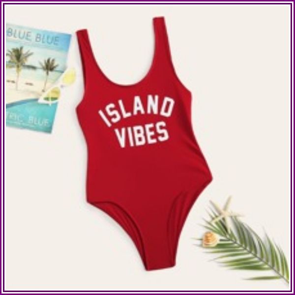 Slogan Print Scoop Neck One Piece Swimsuit from ROMWE