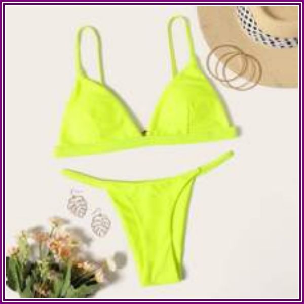 Neon Lime Seam Triangle Top With Tanga Bikini Set from SHEIN