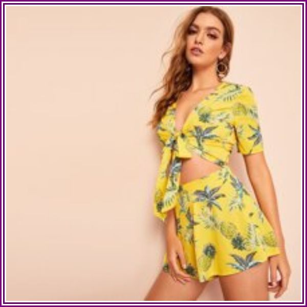 Knot Front Tropical Print Top & Shorts Set from SHEIN